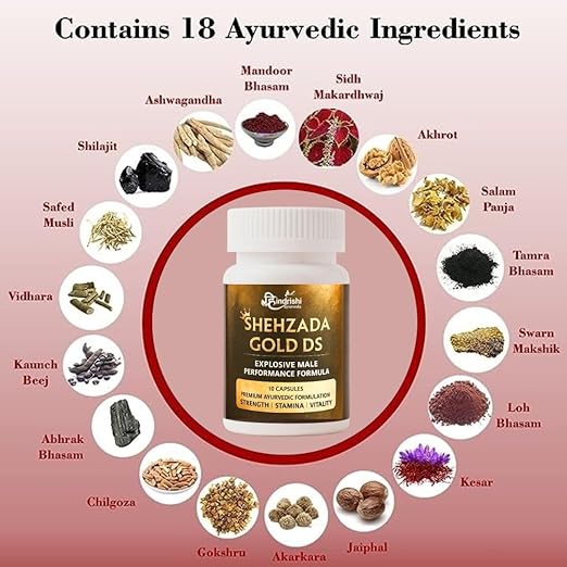 Hindrishi Shehzada Gold DS, Explosive Formula, Premium Ayurvedic Supplement for Strength, Stamina, Vitality, 10 Capsules for men