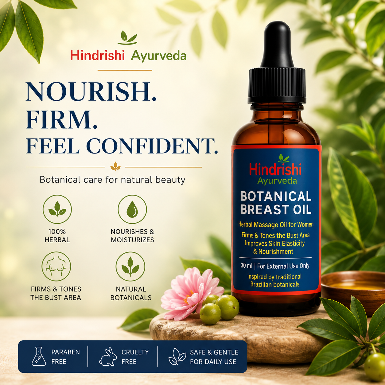 Hindrishi Botanical Massage Oil for Women | Herbal Breast Massage Oil - Natural Firming & Toning Oil with Herbal Extracts | Enhances Elasticity & Nourishes Skin | Paraben-Free, Safe for Daily Use 30ml
