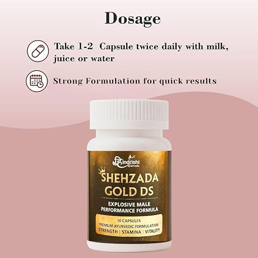 Hindrishi Shehzada Gold DS, Explosive Formula, Premium Ayurvedic Supplement for Strength, Stamina, Vitality, 10 Capsules for men