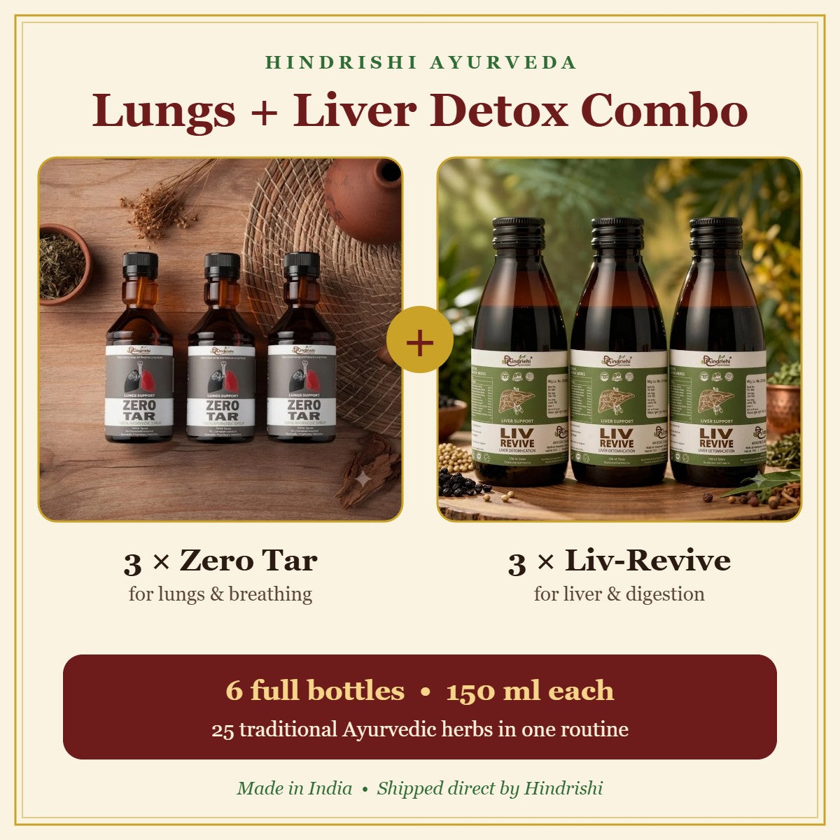 Lungs & Liver Detox Combo – 3 Zero Tar + 3 Liv-Revive Ayurvedic syrups, Hindrishi
